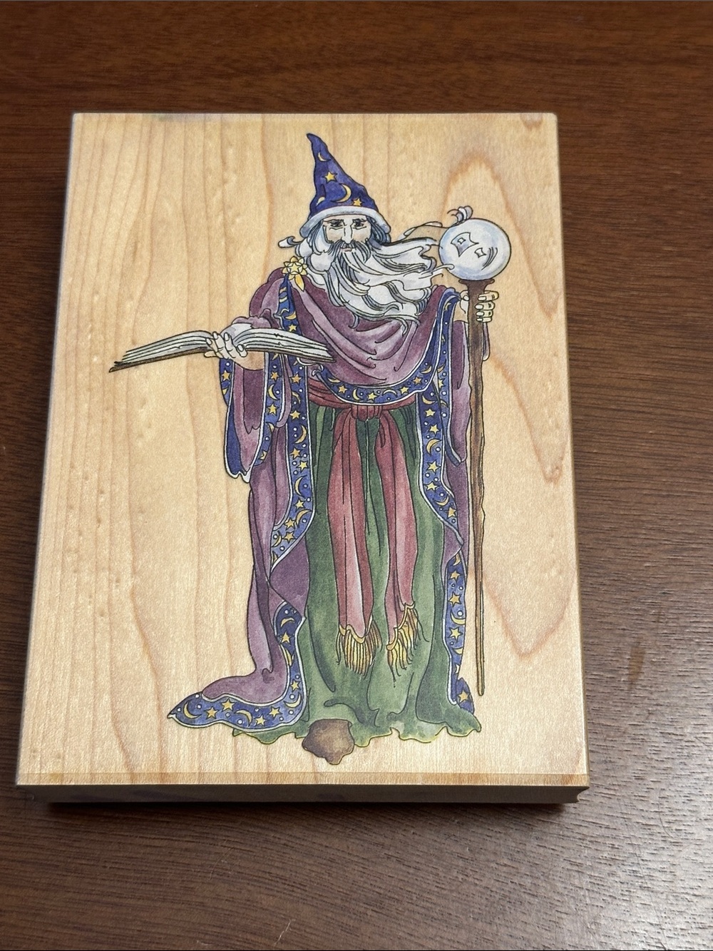 Vintage Stamps Happen Wizard Illustration Wooden Block Art
